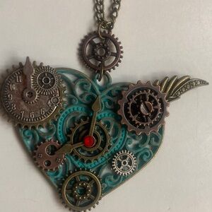 Steam Punk Turquoise Blue Heart Necklace With Gears and Bronze Chain